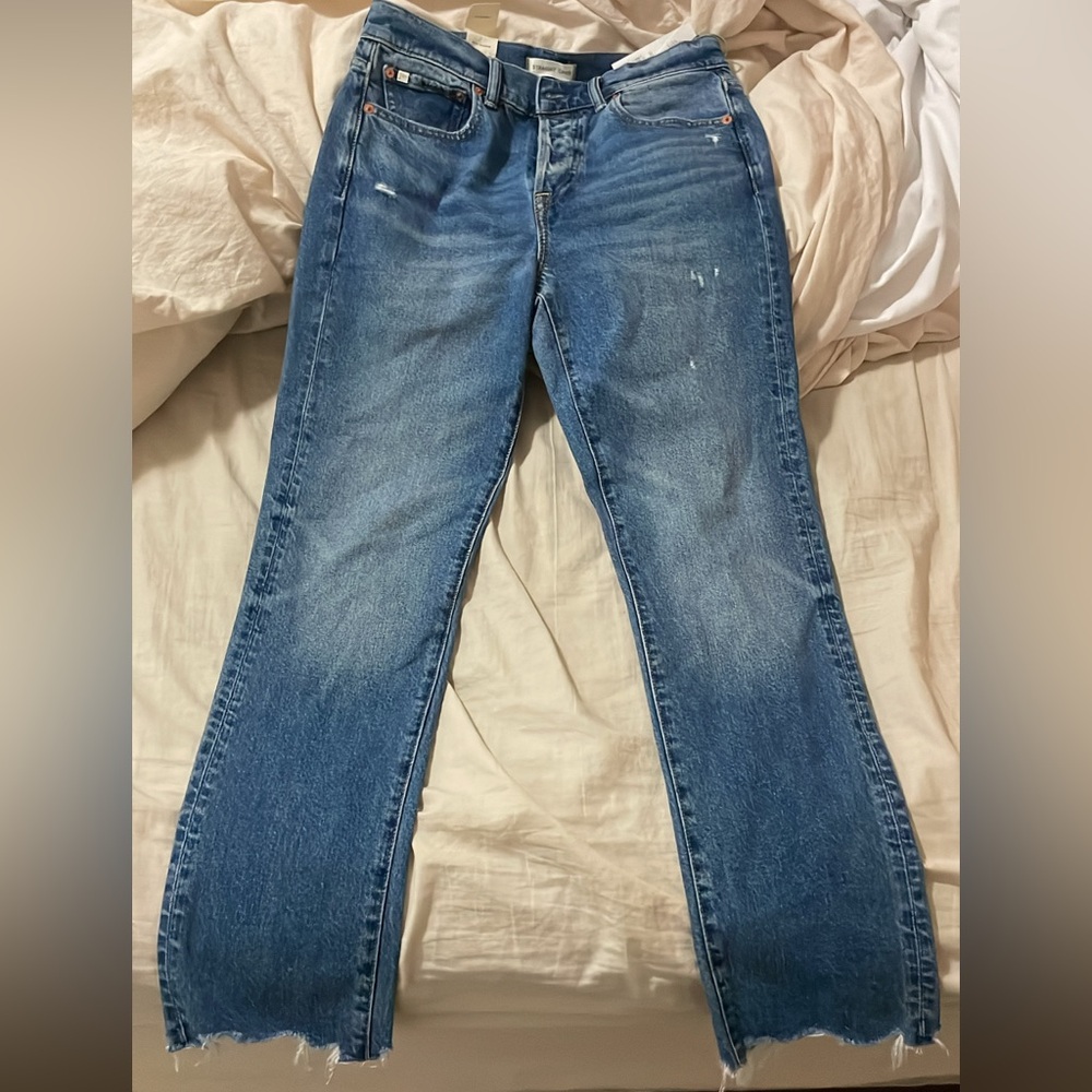 Blue Straight Leg Jeans with Faded Details